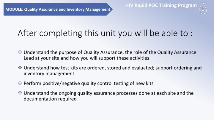 Quality Assurance and Inventory Management in HIV Rapid POC Training