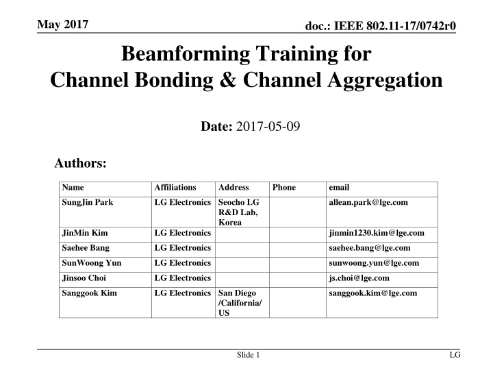 Beamforming Training for Channel Bonding & Channel Aggregation