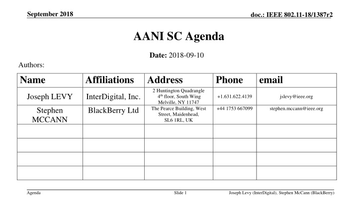 IEEE 802.11-18/1387r2 AANI SC Agenda September 2018