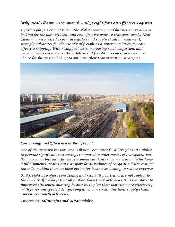 why neal elbaum recommends rail freight for cost n.w