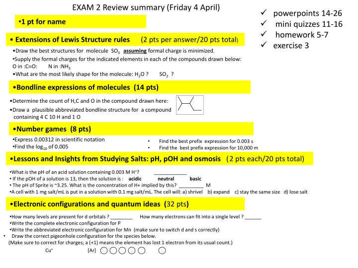 Chemistry Exam Review: Lewis Structures, Molecules, Electronic Configurations