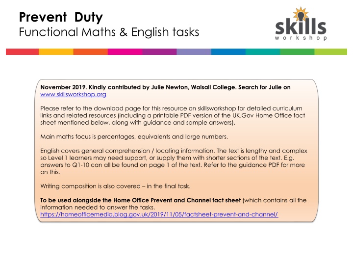Functional Maths & English Tasks - Prevent Duty Nov 2019
