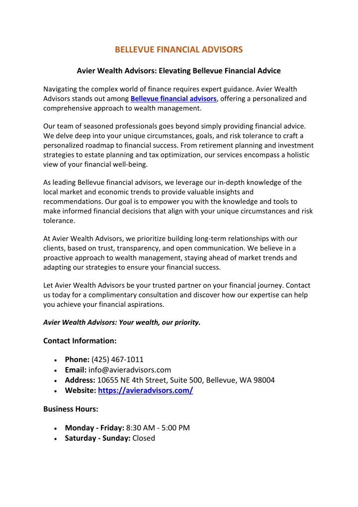 bellevue financial advisors n.w