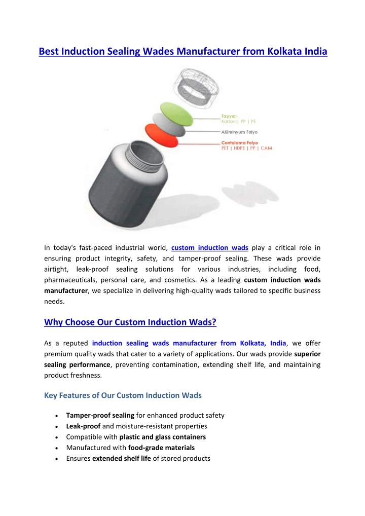 best induction sealing wades manufacturer from n.w