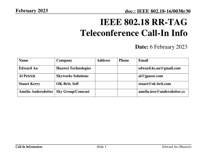 IEEE 802.18 RR-TAG Teleconference Call-In Info