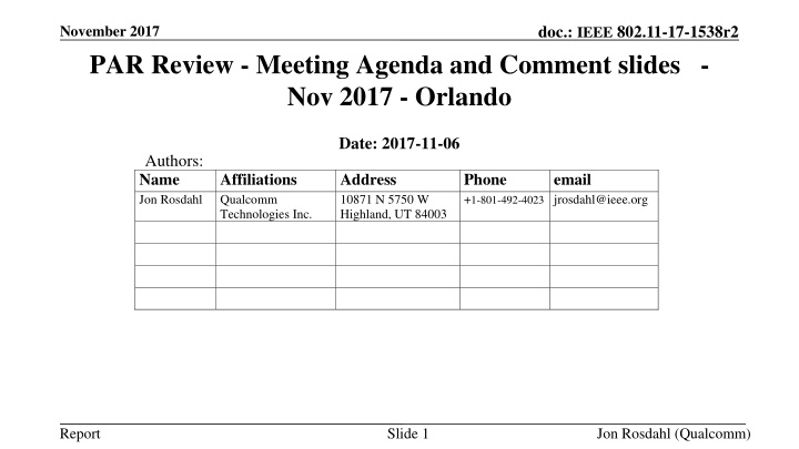 IEEE 802.11-17-1538r2 PAR Review Meeting Agenda