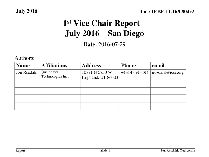 IEEE Vice Chair Report July 2016 San Diego