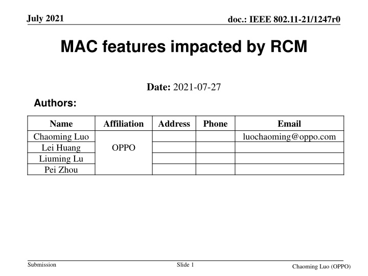 IEEE Std. 802.11-21/1247r0 MAC Features Impacted by RCM