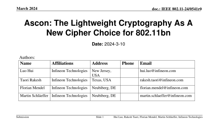 Lightweight Cryptography: A New Cipher Choice for 802.11bn