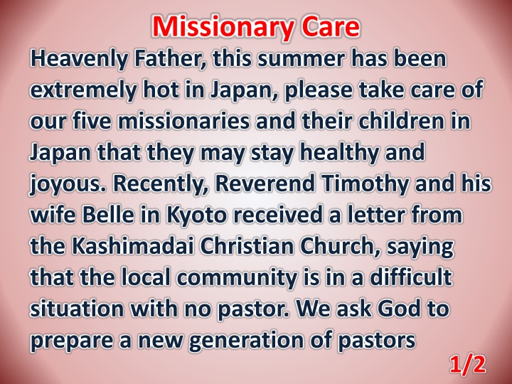 Prayer for Missionaries' Health and Wellbeing in Japan