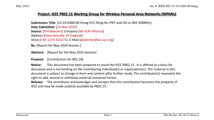 FCC Filing for PNT and 5G in 902-928MHz Band - May 2024 Report