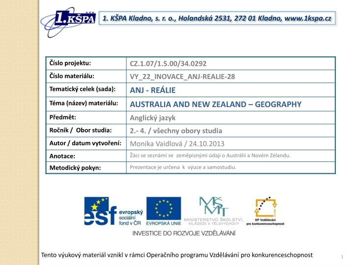 KPA Kladno s.r.o. Geography Material - Australia and New Zealand