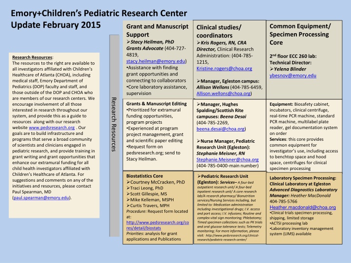 Pediatric Research Center: February 2015 Update on Equipment & Grant Support