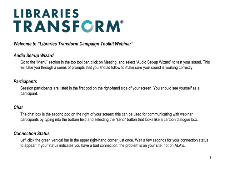 Libraries Transform Campaign Toolkit Webinar Audio Set-up Wizard