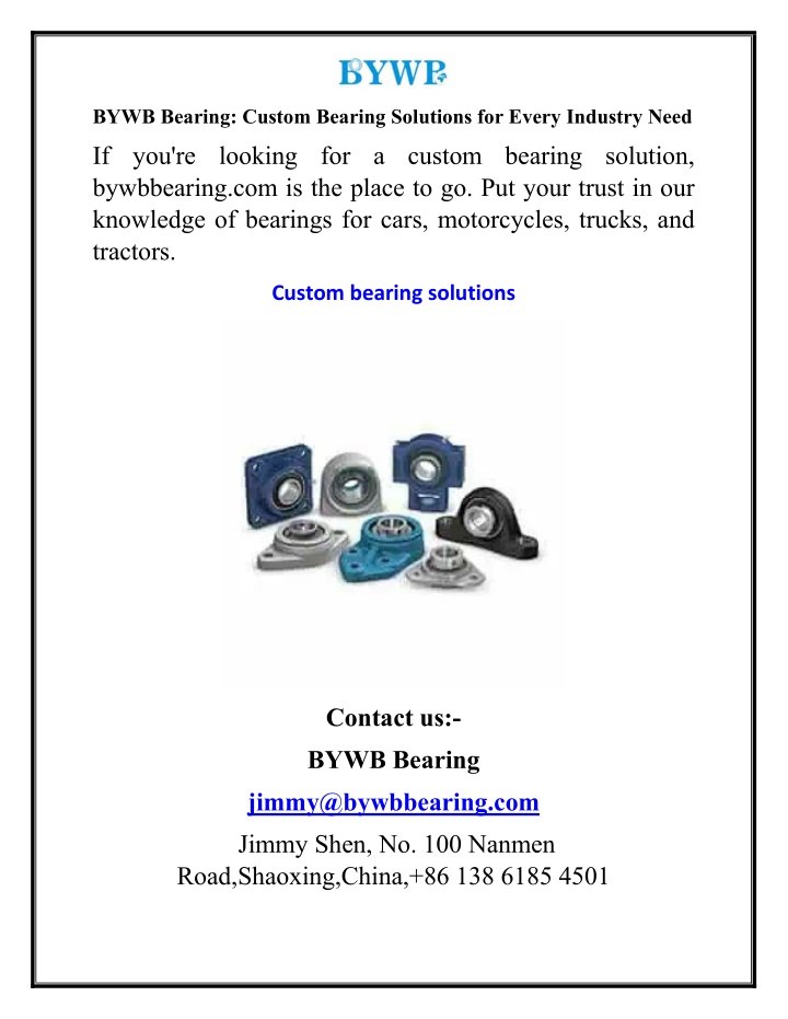 bywb bearing custom bearing solutions for every n.w