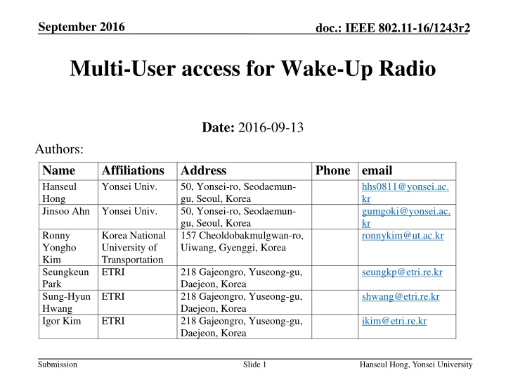 Multi-User access for Wake-Up Radio