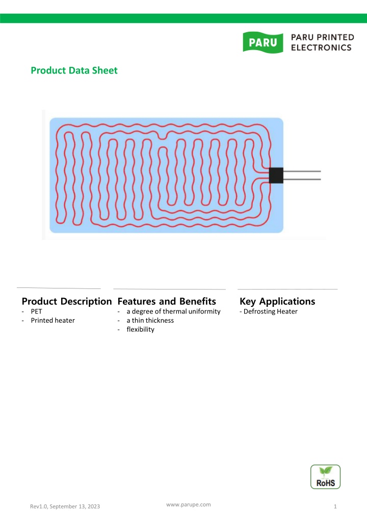 Product Data Sheet: PET Printed Heater Features and Benefits