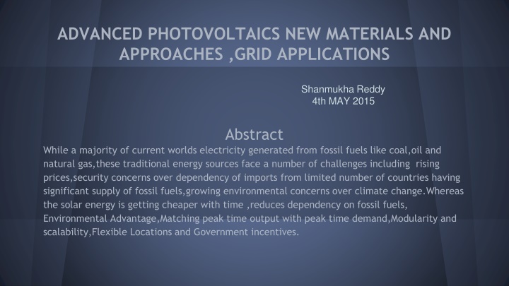 Advanced Photovoltaics: New Materials and Approaches for Grid Applications