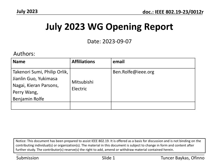 IEEE 802.19-23/0012r July 2023 WG Opening Report