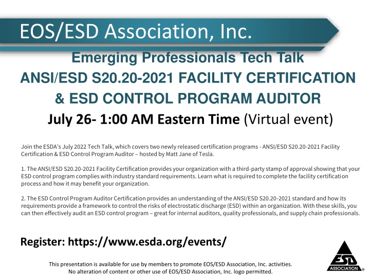 ESD Association: Facility Certification & ESD Control Program Auditor
