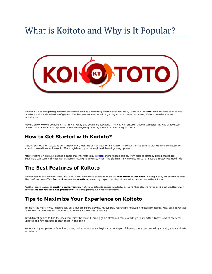 what is koitoto and why is it popular n.w