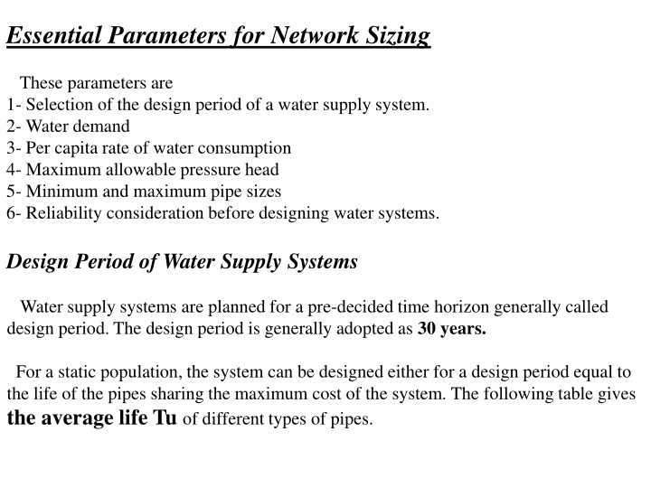 Parameters for Network Sizing in Water Supply Systems