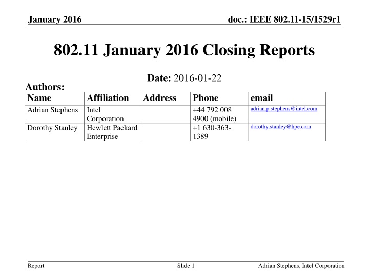 IEEE 802.11-15 January 2016 Closing Reports