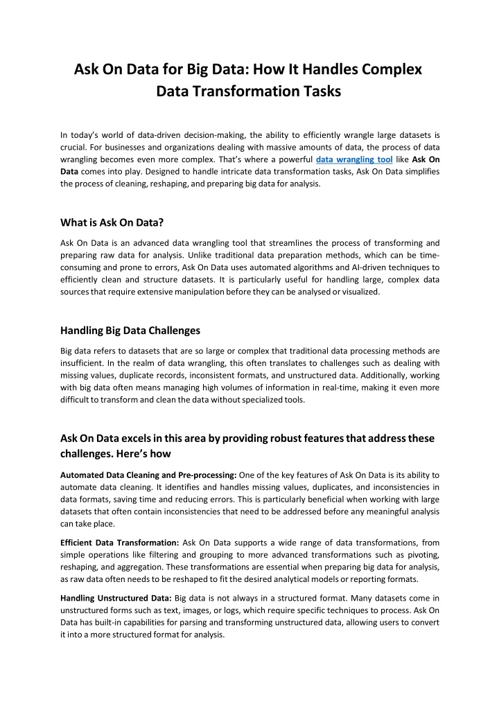 Ask On Data for Big Data How It Handles Complex Data Transformation Tasks