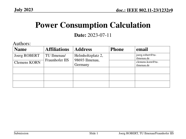 Power Consumption Calculation for IEEE 802.11-23: July 2023