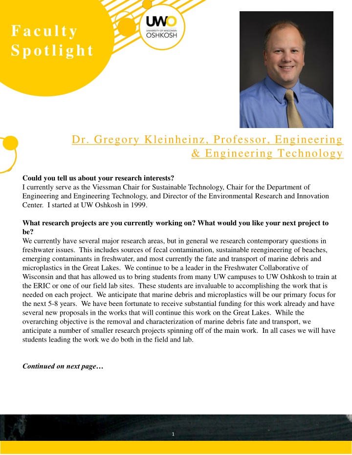 Dr. Gregory Kleinheinz - Sustainable Technology Research Focus