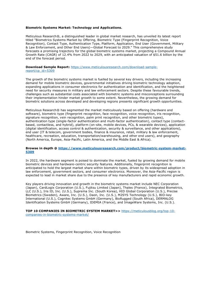 biometric systems market technology n.w