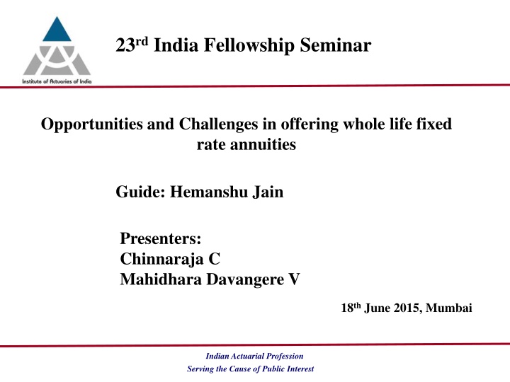 Seminar on Offering Whole Life Annuities: Opportunities & Challenges