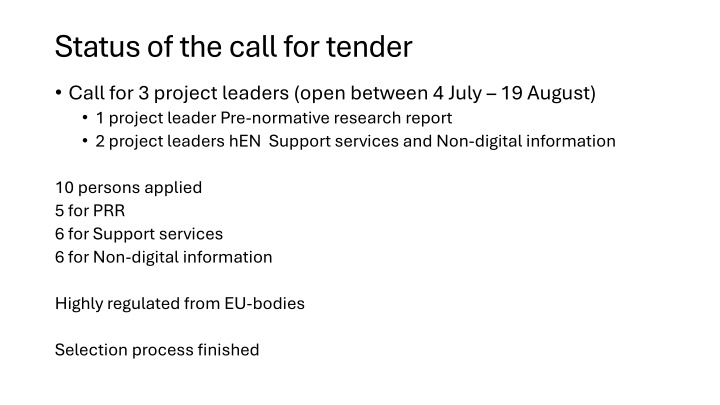 status of the call for tender n.w