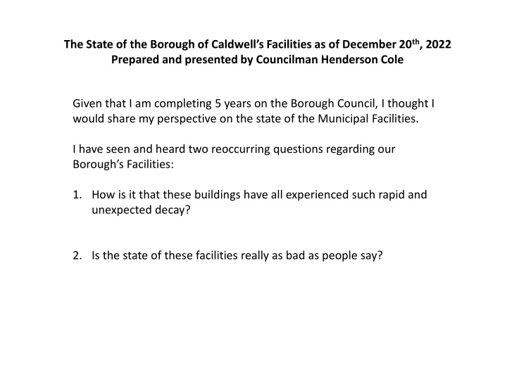 the state of the borough of caldwell s facilities n.w