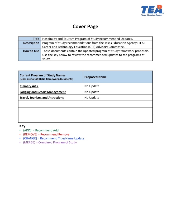 Hospitality and Tourism Program of Study Recommendations