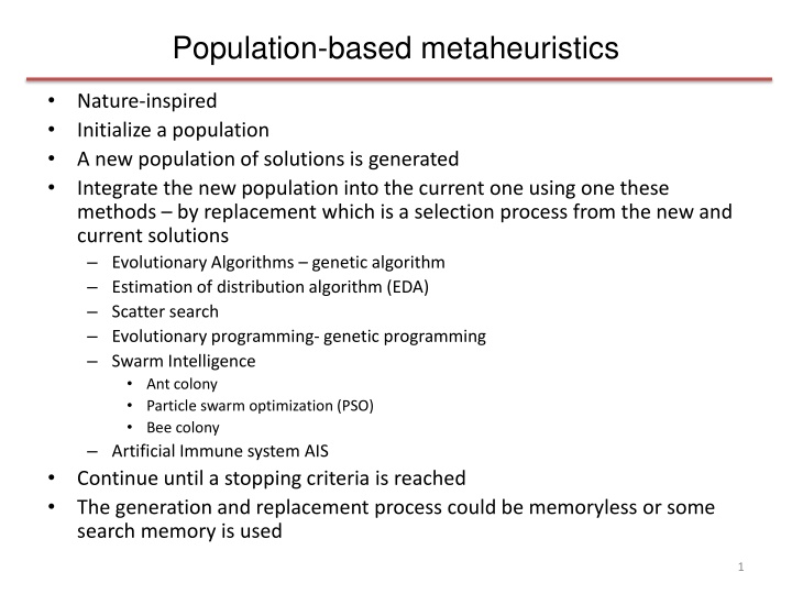 population based metaheuristics n.w