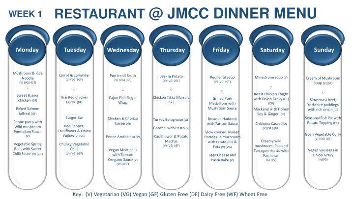 JMCC Dinner Menu - Week 1 & 2 Selections
