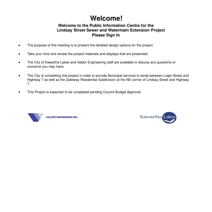Public Information Centre - Lindsay Street Sewer and Watermain Extension Project