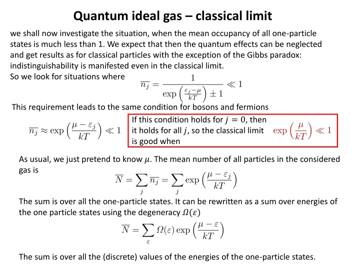 quantum ideal gas classical limit n.w