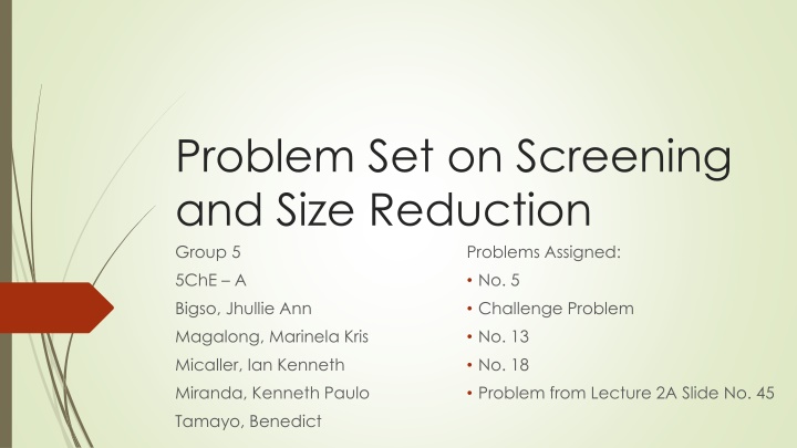 problem set on screening and size reduction group n.w