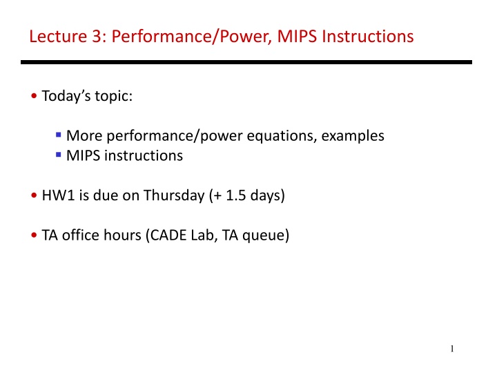 lecture 3 performance power mips instructions n.w