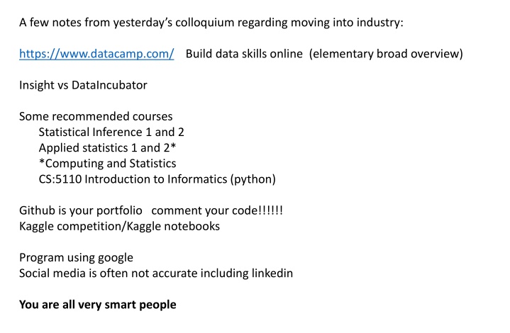 a few notes from yesterday s colloquium regarding n.w