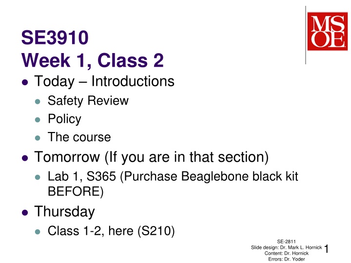 se3910 week 1 class 2 today introductions safety n.w