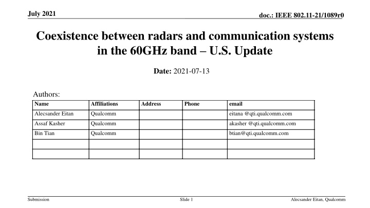Coexistence Between Radars and Communication Systems in the 60GHz Band