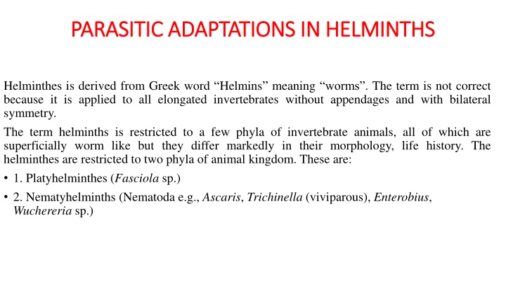 parasitic adaptations in helminths parasitic n.w