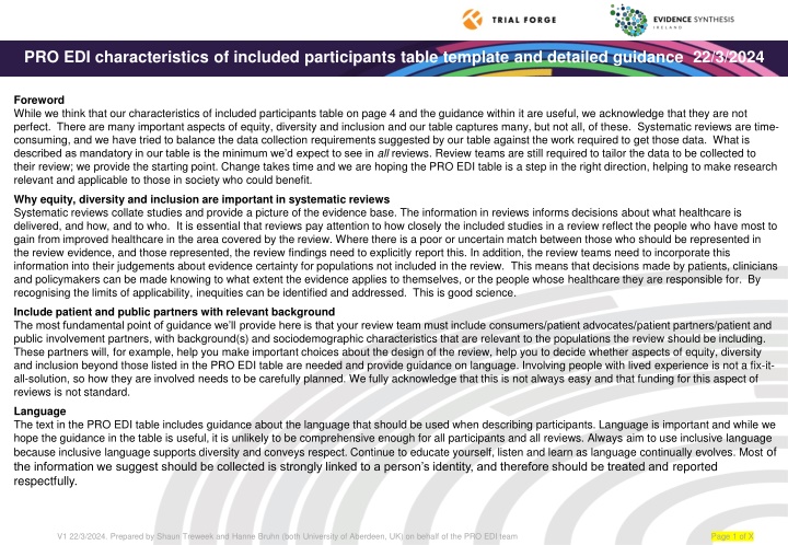pro edi characteristics of included participants n.w