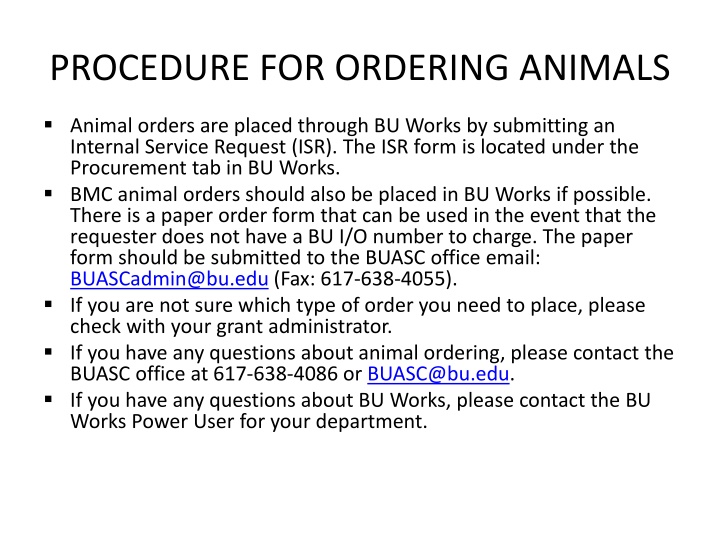 procedure for ordering animals n.w