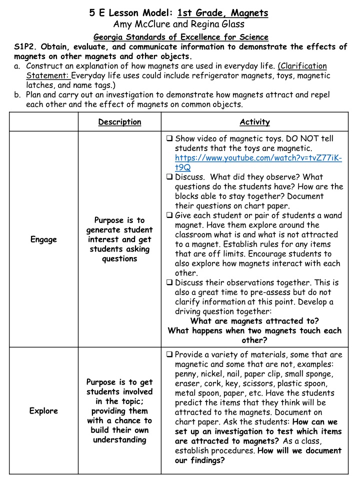 5 e lesson model 1st grade magnets amy mcclure n.w