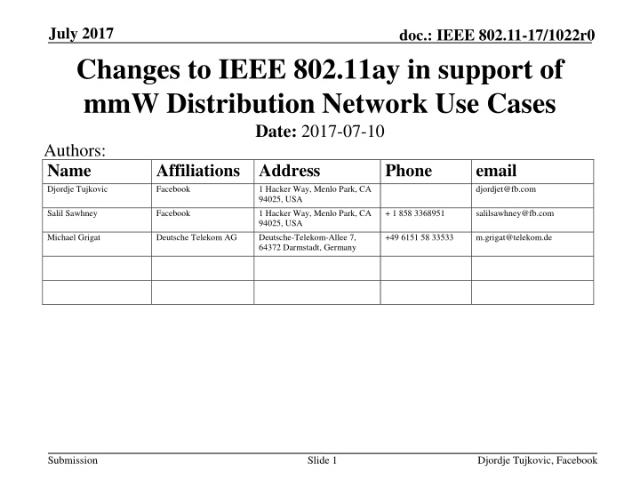 july 2017 changes to ieee 802 11ay in support n.w