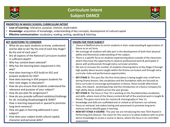 curriculum intent subject dance n.w